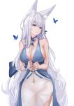  1girl absurdres amco animal_ear_fluff animal_ears azur_lane bangs blue_choker blue_dress blue_eyes blunt_bangs breasts bug butterfly choker cleavage closed_mouth dress eyebrows_visible_through_hair fox_ears highres insect large_breasts long_hair looking_to_the_side no_panties shinano_(azur_lane) shinano_(light_of_the_hazy_moon)_(azur_lane) silver_hair simple_background sleeveless sleeveless_dress solo very_long_hair white_background 