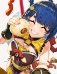  1girl :d ^^happy bangs baozi bare_shoulders belt black_dress blue_hair blunt_bangs blush breasts cleavage cleavage_cutout clothing_cutout covered_nipples dress facing_viewer fingernails food from_above genshin_impact grin holding holding_food large_breasts long_fingernails nail_polish open_mouth pink_nails sakurai_energy self_shot short_dress short_hair sleeveless sleeveless_dress smile solo steam tassel teeth 