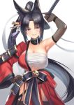  1girl animal_ears arm_up armor armpits azur_lane black_gloves black_hair black_legwear blue_eyes blush breasts cleavage commentary elbow_gloves eyebrows_visible_through_hair fox_ears gloves gold_trim gradient hair_ornament hand_on_hip highres holding holding_sword holding_weapon japanese_armor japanese_clothes katana kii_(azur_lane) kimono kusazuri large_breasts long_hair long_sleeves looking_at_viewer obi parted_lips pelvic_curtain red_kimono sarashi sash shimozuki_shio shoulder_armor sidelocks single_bare_shoulder smile sode solo sword thighhighs very_long_hair weapon wide_sleeves 