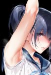  1girl armpits arms_up close-up dots hizuki_akira original ponytail ribbon sailor_collar school_uniform simple_background 