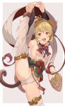  :3 andira_(granblue_fantasy) armpits ass bangs barefoot blonde_hair breasts cleavage_cutout clothing_cutout commentary_request detached_sleeves fang flexible granblue_fantasy gymnastics head_tilt hinami_(hinatamizu) leotard long_sleeves looking_at_viewer monkey_tail neck_ribbon open_mouth red_eyes red_neckwear red_ribbon ribbon short_hair sideboob sidelocks small_breasts smile split standing standing_on_one_leg standing_split tail two_side_up white_leotard wide_sleeves 