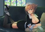  1girl alternate_costume black_dress black_footwear black_legwear blush breasts brown_hair cleavage collarbone dress enmaided eyebrows_visible_through_hair gloves green_eyes high_heels kantai_collection kasumi_(skchkko) large_breasts maid maid_dress maid_headdress mutsu_(kantai_collection) short_hair short_sleeves smile solo stained_glass thighhighs white_gloves 