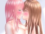  2girls bangs blue_eyes blush breast_press breasts brown_hair cleavage collarbone commentary_request eye_contact eyebrows_visible_through_hair french_kiss hair_over_eyes half-closed_eyes highres kiss large_breasts lino_(lilyparty07) long_hair looking_at_another multiple_girls nude original pink_hair purple_eyes simple_background symmetrical_docking upper_body white_background yuri 