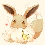 :3 blush brown_eyes closed_mouth commentary_request eevee fur gen_1_pokemon heart highres looking_at_viewer no_humans one_eye_closed paws pikachu pokemon pokemon_(creature) smile ushiina 
