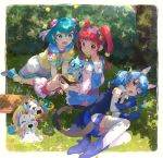  +_+ 3girls :d absurdres ahoge animal_ears aqua_hair blue_footwear blue_gloves blue_hair blue_hairband blue_jacket blue_overalls blue_skirt blush boots braid bun_cover cat_ears cat_tail closed_eyes closed_mouth detached_sleeves eating fetal_position fuwa_(precure) gloves green_eyes hagoromo_lala hair_ornament hairband high_heel_boots high_heels highres hoshina_hikaru huge_filesize jacket kneeling leaning_forward long_hair long_sleeves looking_back lying miniskirt multiple_girls off-shoulder_shirt off_shoulder on_side open_mouth orange_eyes pink_shirt pleated_skirt pointy_ears precure prunce_(precure) red_eyes red_hair red_legwear shiny shiny_hair shirt sitting skirt sleeveless sleeveless_jacket smile socks star_(symbol) star_hair_ornament star_twinkle_precure tail thighhighs twin_braids unicorn white_legwear white_skirt white_sleeves yellow_legwear yuni_(precure) yupiteru 