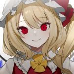  1girl blonde_hair bow commentary_request crying daimaou_ruaeru flandre_scarlet hat hat_bow highres long_hair looking_at_viewer mob_cap red_bow red_eyes red_vest romaji_commentary shirt side_ponytail simple_background slit_pupils smile solo touhou upper_body vest white_background white_headwear white_shirt wings yellow_neckwear 