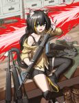  1girl among_us animal_ears assault_rifle bangs bare_shoulders black_hair black_legwear cat_ears cat_girl cat_tail cheogtanbyeong cosplay fang girls_frontline gloves green_eyes gun highres holding holding_gun holding_weapon indoors karyl_(princess_connect!) long_hair looking_at_viewer m16 m16a1 m16a1_(girls_frontline) m16a1_(girls_frontline)_(cosplay) multicolored_hair off_shoulder open_mouth princess_connect! rifle shorts sitting solo streaked_hair submachine_gun sweatdrop tail very_long_hair weapon white_hair 