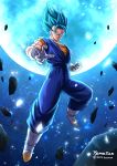  1boy 2094banana blue_eyes blue_hair dragon_ball dragon_ball_super gloves highres long_hair looking_at_viewer moon muscle orange_shirt shiny shiny_hair shirt smug solo spiked_hair super_saiyan super_saiyan_blue twitter_username vegetto white_gloves 