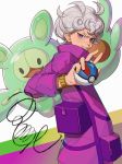  1boy absurdres ahoge ay_(1054105084) bede_(pokemon) blush coat commentary curly_hair fingernails gen_5_pokemon great_ball highres holding holding_poke_ball looking_at_viewer poke_ball pokemon pokemon_(creature) pokemon_(game) pokemon_swsh popped_collar purple_coat purple_eyes reuniclus signature silver_hair smile teeth watch wristwatch 