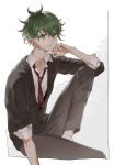  1boy alternate_costume amami_rantarou antenna_hair arm_support bangs brown_pants closed_mouth collarbone collared_shirt commentary_request danganronpa ear_piercing earrings green_eyes green_hair highres jewelry knee_up long_sleeves looking_at_viewer loose_necktie male_focus messy_hair migumi necktie new_danganronpa_v3 pants piercing red_neckwear school_uniform shirt short_hair sitting sleeves_rolled_up smile solo striped striped_neckwear striped_shirt white_shirt 