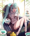  / 1girl absurdres ahoge apron aqua_eyes black_dress bow commentary cookie dress flower food frills hair_between_eyes hatsune_miku heart highres holding indoors looking_at_viewer macaron open_mouth plant plate shoes sidelocks sitting smile sunlight twintails uniform white_legwear window wrist_cuffs 