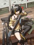  1girl animal_ears assault_rifle bangs bare_shoulders black_eyepatch black_hair black_legwear cat_ears cat_girl cat_tail cheogtanbyeong cosplay eyepatch fang girls_frontline gloves green_eyes gun highres holding holding_gun holding_weapon indoors karyl_(princess_connect!) long_hair looking_at_viewer m16 m16a1 m16a1_(girls_frontline) m16a1_(girls_frontline)_(cosplay) multicolored_hair off_shoulder open_mouth princess_connect! rifle shorts sitting solo streaked_hair submachine_gun sweatdrop tail very_long_hair weapon white_hair 