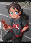  1boy antenna_hair blue_eyes brown_hair closed_mouth commentary_request eyelashes fence gen_4_pokemon goh_(pokemon) hair_ornament hairclip hand_in_pocket highres holding kaminosaki1 looking_to_the_side male_focus pokemon pokemon_(anime) pokemon_swsh_(anime) rotom rotom_phone sitting smile solo watermark 