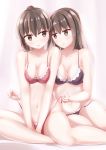  2girls bangs black_bra black_panties blush bra breasts brown_eyes brown_hair cleavage commentary_request eyebrows_visible_through_hair highres kamakama_(kdmorh_kamakama) large_breasts long_hair multiple_girls navel original panties ponytail red_bra red_panties side-tie_panties sitting underwear underwear_only untied untying yokozuwari yuri 