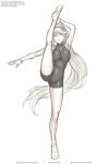  1girl armpits bare_legs bodysuit breasts covered_navel full_body gofelem greyscale large_breasts long_hair long_ponytail monochrome pneuma_(xenoblade) ponytail simple_background sketch skin_tight solo split standing standing_on_one_leg standing_split very_long_hair white_background xenoblade_chronicles_(series) xenoblade_chronicles_2 