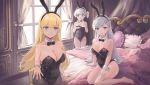  3girls absurdres animal_ears azur_lane bangs bare_legs bare_shoulders barefoot bed bed_sheet belchan_(azur_lane) belfast_(azur_lane) black_legwear black_neckwear blonde_hair blue_eyes bow bowtie braid breasts bunny_ears choker cleavage closed_mouth collarbone commentary_request covered_navel curtains detached_collar fake_animal_ears french_braid grin heart heart_pillow highres indoors large_breasts leotard long_hair looking_at_viewer medium_hair multiple_girls north_carolina_(azur_lane) on_bed pantyhose pillow playboy_bunny side_ponytail sidelocks silver_eyes silver_hair sitting sleeveless small_breasts smile standing teeth very_long_hair window wrist_cuffs yinghuahua yokozuwari 
