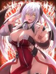  1girl :d breasts cleavage collar demon_girl horns large_breasts looking_at_viewer maou_to_ore_no_hangyakuki open_mouth signature smile white_hair wide_hips yellow_eyes yoshikawa_hideaki 