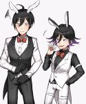  2boys ahoge animal_ears belt black_gloves black_hair black_pants bow bowtie bunny_ears commentary_request danganronpa dress_shirt formal gloves hand_in_pocket hand_up highres long_sleeves looking_at_viewer male_focus multicolored_hair multiple_boys multiple_views new_danganronpa_v3 open_mouth ouma_kokichi pants purple_eyes rabbit_boy red_bow saihara_shuuichi shirt simple_background smile squiggle vest waistcoat white_belt white_pants zabe_o 