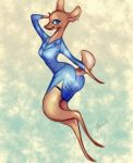  abstract_background anthro astawolf blue_eyes bottomwear brown_body brown_fur business_suit cervid clothed clothing female fur hi_res legwear looking_at_viewer mammal pinup pose skirt small_waist smile solo suit thigh_highs wide_hips 