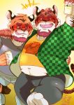  2020 alcohol anthro beer belly beverage bottomwear bumomomoboa clothed clothing drunk duo eyewear felid glasses hi_res hug humanoid_hands kemono male mammal navel open_clothing open_shirt open_topwear overweight overweight_male pantherine pants shirt substance_intoxication tiger topwear 