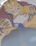  2020 anthro belly blush bodily_fluids bulge clothing dain_4201 duo felid genital_fluids hi_res kemono male male/male mammal moobs navel nipples overweight overweight_male pantherine precum sitting tiger tongue tongue_out undressing 