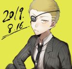  1boy blonde_hair blush closed_mouth collarbone collared_shirt commentary_request danganronpa dated dress_shirt formal frown highres kuzuryuu_fuyuhiko long_hair looking_at_viewer male_focus necktie shirt short_hair simple_background solo striped suit super_danganronpa_2 upper_body very_short_hair yellow_background zabe_o 