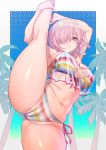 1girl aqua_background armpits arms_up bangs bare_arms bare_legs bare_shoulders bikini blue_background border breasts cameltoe closed_mouth commentary_request cowboy_shot eyebrows_visible_through_hair fate/grand_order fate_(series) flexible front-tie_bikini front-tie_top gradient gradient_background groin hair_over_one_eye halftone halftone_background highres kneepits large_breasts leg_up light_purple_hair looking_at_viewer mash_kyrielight multicolored multicolored_bikini multicolored_clothes navel outside_border palm_tree purple_eyes see-through shiny shiny_hair shiny_skin short_hair side-tie_bikini smile solo split standing standing_on_one_leg standing_split stomach striped striped_bikini swimsuit swimsuit_of_perpetual_summer_ver.02 tree white_border zhen_lu 