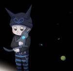  1boy 8takenokonosato8 animal ball black_cat black_eyes black_jacket blue_flower brown_hair cat closed_mouth danganronpa flower hat holding holding_animal holding_cat horned_headwear hoshi_ryouma jacket long_sleeves male_focus new_danganronpa_v3 pants petals simple_background solo striped striped_pants tennis_ball 