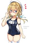  /\/\/\ 1girl adjusting_eyewear black_swimsuit blonde_hair breasts cowboy_shot fathom glasses hat highres i-8_(kantai_collection) kantai_collection large_breasts long_hair low_twintails name_tag peaked_cap red-framed_eyewear school_swimsuit semi-rimless_eyewear shiny shiny_clothes simple_background solo swimsuit thigh_gap thighhighs twintails twitter_username under-rim_eyewear white_background white_headwear white_legwear 