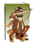  2020 3:4 4_toes 5_fingers amur anthro black_nose breasts brown_body brown_fur brown_hair canid canine canis clothed clothing digital_media_(artwork) digitigrade female fingers fur hair hi_res holding_bow holding_object holding_spear holding_weapon male mammal melee_weapon polearm smile spear tan_body tan_fur toes weapon wolf 
