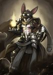  anthro armor black_hair brown_body brown_fur cape claws clothed clothing ear_piercing eyewear fur glasses grey_eyes hair hi_res lagomorph leporid link2004 magic male mammal multicolored_body multicolored_fur muscular muscular_anthro muscular_male partially_clothed piercing rabbit simple_background solo tattoo two_tone_body two_tone_fur white_body white_fur 