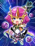  1girl blue_eyes chibi funnels gundam gundam_zz haman_karn highres looking_at_viewer mecha open_hand pink_eyes pink_hair poyoyon_chihiro qubeley short_hair zeon 