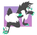  2020 3_claws 3_toes 4_fingers all_fours ambiguous_gender anthro arm_support arm_tuft back_tuft barefoot biped black_body black_fur black_hair black_mane border butt canid canine cheek_tuft claws dated digital_drawing_(artwork) digital_media_(artwork) dipstick_ears eyebrows facial_markings facial_tuft fangs fingers floppy_ears fluffy fur fur_markings fur_tuft green_claws green_eyebrows green_eyes green_nose green_sclera grey_text grin hair half-closed_eyes head_markings head_tuft hindpaw kazuk9 leg_tuft looking_back lycanroc mammal mane markings midnight_lycanroc multicolored_body multicolored_ears multicolored_fur multicolored_hair narrowed_eyes nintendo nude number okepa_makoi on_ground pawpads paws pok&eacute;mon pok&eacute;mon_(species) presenting presenting_hindquarters purple_background raised_arm raised_tail rear_view shoulder_tuft side_view signature simple_background small_tail smile smiling_at_viewer solo teeth three-quarter_view toes tuft two_tone_body two_tone_fur video_games watermark white_body white_border white_fur white_hair white_pawpads 