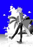  ahoge arm_behind_back beach blue_sky chain cloud coconut coconut_tree commentary_request danganronpa day from_side full_body highres hood hood_down hoodie jacket komaeda_nagito limited_palette male_focus messy_hair monochrome nanin ocean outdoors palm_tree pants shirt shoes sky solo standing super_danganronpa_2 tree water 