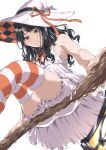  1girl bangs bare_shoulders black_hair bloomers blue_eyes broom broom_riding checkered from_below fukuyama_satoshi hat hat_ribbon highres idolmaster idolmaster_shiny_colors kazano_hiori lantern long_hair looking_down mole mole_under_mouth parted_lips ribbon sidesaddle simple_background sleeveless smile solo striped striped_legwear thighhighs translation_request underwear white_background witch witch_hat 