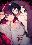  2boys :d arm_up beard black_hair book collarbone collared_shirt commentary_request danganronpa dress_shirt facial_hair fangs flower goatee hair_between_eyes highres holding holding_book holding_clothes holding_jacket jacket jewelry long_sleeves looking_at_viewer lying male_focus medium_hair momota_kaito multiple_boys nanin new_danganronpa_v3 on_back open_clothes open_mouth open_shirt ouma_kokichi pants print_shirt purple_eyes purple_hair purple_jacket red_flower red_rose rose shirt shirtless short_hair smile spiked_hair sweater teeth upper_body weapon white_pants white_shirt yaoi 