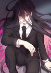  1boy absurdres bangs black_hair black_jacket black_neckwear black_pants black_suit collared_shirt colored_inner_hair commentary_request danganronpa danganronpa_3 highres jacket kamukura_izuru knee_up layered_sleeves long_hair long_scarf looking_at_another lower_teeth multicolored_hair nanin necktie pants red_eyes school_uniform shirt sitting very_long_hair white_shirt 