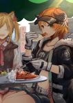  2girls absurdres animal_ears arknights artist_request belt black_jacket blonde_hair collarbone croissant_(arknights) crop_top cup drinking_glass eating food fork fur-trimmed_jacket fur_trim gloves green_eyes highres holding holding_fork holding_spoon horns id_card jacket long_sleeves looking_at_viewer midriff multiple_girls navel open_clothes open_jacket open_mouth orange_hair outdoors pasta penguin_logistics_logo plate short_hair short_shorts shorts sitting smile sora_(arknights) spaghetti spoon table twintails visor_cap white_gloves wolf_ears 