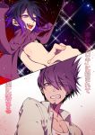  2boys :d bangs beard beige_shirt black_background black_hair clenched_teeth collared_shirt commentary_request danganronpa facial_hair fang floating_clothes goatee gradient gradient_background hair_between_eyes holding_hands jacket jacket_on_shoulders looking_at_viewer male_focus medium_hair momota_kaito multicolored_hair multiple_boys nanin new_danganronpa_v3 open_mouth ouma_kokichi pink_jacket print_shirt purple_eyes purple_hair red_background shirt short_hair smile sparkle spiked_hair split_screen star_(sky) starry_sky_print teeth translation_request two-tone_hair white_shirt 
