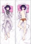  1boy ahoge arm_up bangs barefoot bed_sheet black_hair bulge commentary_request dakimakura danganronpa double-breasted from_above full_body grin hair_between_eyes jacket jewelry long_sleeves looking_at_viewer lying male_focus male_underwear multicolored_hair multiple_views nanin navel new_danganronpa_v3 nipples on_back open_mouth ouma_kokichi pale_skin pants pectorals pillow purple_eyes purple_hair scarf shirt short_hair smile stomach striped_underwear tongue tongue_out two-tone_hair underwear white_jacket white_pants 