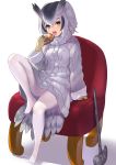  1girl bird_wings black_hair blonde_hair chair coat commentary_request eating eyebrows_visible_through_hair food fur_collar gloves grey_coat grey_hair hair_between_eyes head_wings highres japari_bun kemono_friends long_sleeves looking_at_viewer multicolored_hair no_shoes northern_white-faced_owl_(kemono_friends) open_mouth owl_ears owl_girl pantyhose pickaxe short_hair sitting solo tadano_magu white_hair white_legwear wings winter_clothes winter_coat yellow_eyes yellow_gloves 