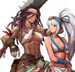  2girls abs anchor_tattoo arm_pouch bangs bow_(weapon) dark_skin darli_dagger eyepatch gloves hairlocs itouei majikina_mina multiple_girls muscle muscular_female ponytail quiver samurai_spirits sarong saw_cleaver side-tie_skirt simple_background tan tool_belt weapon white_hair white_sarong yuri 