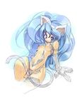  :p animal_ears big_hair blue_eyes blue_hair cat_ears cat_paws cat_tail felicia hanpen long_hair navel no_nose paws sitting sketch solo tail tongue tongue_out vampire_(game) 