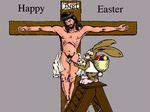  balls black_eyes brown_fur brown_hair christianity cross crucifixion duo easter_bunny easter_egg egg english_text eyes_closed featured_image fur god hair human humor jesus jesus_christ ladder lagomorph lol_comments male mammal nude paint parody penis plain_background rabbit religion sacrilegious satire text unknown_artist what 