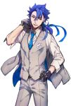  1boy belt belt_buckle black_gloves blue_hair blue_neckwear brown_belt buckle buttons collared_shirt commentary_request cowboy_shot crescent crescent_moon_pin cu_chulainn_(fate)_(all) cu_chulainn_(fate/prototype) dress_shirt earrings fang fate/grand_order fate_(series) formal gloves hair_ribbon hand_on_hip holding holding_clothes holding_jacket jacket jacket_over_shoulder jewelry long_hair long_sleeves looking_at_viewer male_focus necktie nishi_juuji open_mouth pants pendant ponytail red_eyes ribbon shirt simple_background smile solo suit three-piece_suit tie_clip type-moon vest white_background 