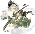  1girl back_bow black_bow black_hairband black_ribbon bow brown_footwear commentary_request flower green_eyes green_skirt green_vest grey_background grey_hair hair_ribbon hairband holding holding_sword holding_weapon katana konabetate konpaku_youmu konpaku_youmu_(ghost) looking_at_viewer ribbon short_hair short_sleeves skirt solo sword touhou vest weapon 