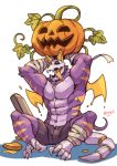  abs anthro biceps bottomwear canid canine canis clothing dark-dusk food fruit fur halloween hi_res holidays jack-o&#039;-lantern male mammal muscular muscular_anthro muscular_male pecs plant pumpkin simple_background solo 
