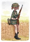  1girl absurdres blonde_hair blue_eyes boots breasts canteen cleavage dirty dirty_face english_commentary erica_(naze1940) grin gun hat highres holding holding_gun holding_weapon looking_at_viewer military original outdoors sitting smile solo stone_wall sweat wall weapon world_war_ii 