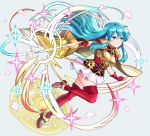  1girl absurdres aqua_hair armor boots breastplate cape earring_removed eirika_(fire_emblem) fighting_stance fingerless_gloves fire_emblem fire_emblem:_the_sacred_stones gloves highres holding holding_sword holding_weapon huge_filesize long_hair rapier red_gloves red_legwear sarukaiwolf short_sleeves signature simple_background skirt solo sword thigh_boots thighhighs weapon white_skirt zettai_ryouiki 