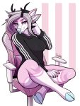  2020 4_ears absurd_res anthro antlers big_breasts big_butt black_antlers black_claws black_clothing black_hoodie black_topwear blue_eyes blue_hooves blue_nose bottomless breasts bubblewrap butt cervid claws clothed clothing crossed_legs drako1997 female fur gaming_chair grey_hair hair half-closed_eyes hi_res hoodie hooves horn looking_at_viewer mammal multi_ear narrowed_eyes nipple_outline on_chair pattern_clothing pattern_topwear pink_body pink_fur pink_stripes sitting solo sparkles striped_body striped_clothing striped_fur striped_topwear stripes tongue tongue_out topwear white_stripes 